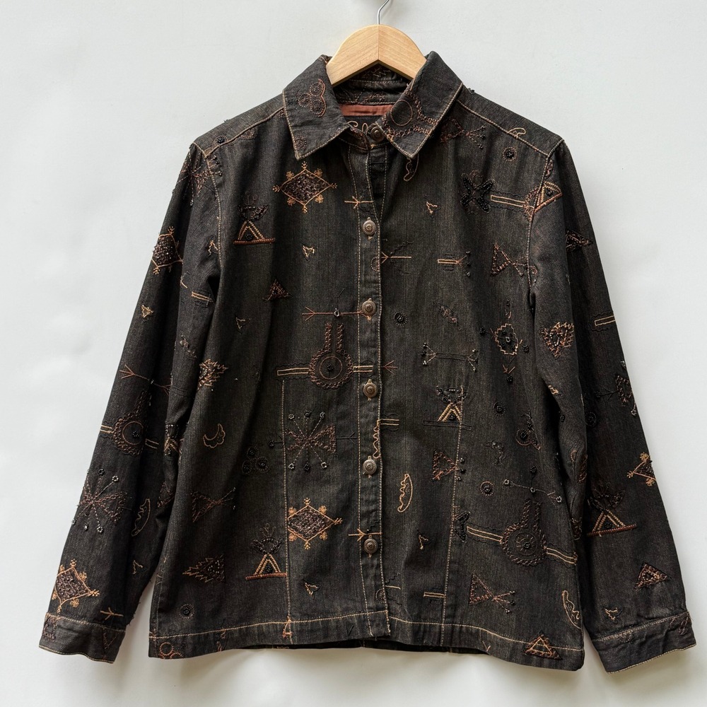 Chico's Jacket Womens 1 Medium Brown Native Southwest Embellished Denim Shacket - Picture 1 of 9